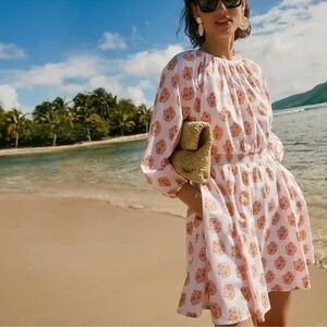 J. Crew Cotton Smocked-Waist Mini Dress Gathered Floral Block Print Large NWOT